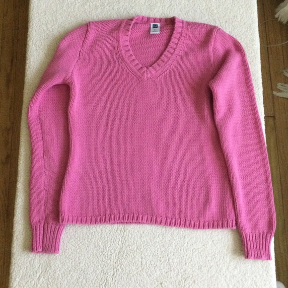 Vintage GAP Y2K Chunky V-Neck Sweater Bright Pink Long Sleeves - Sz Small - Picture 2 of 11